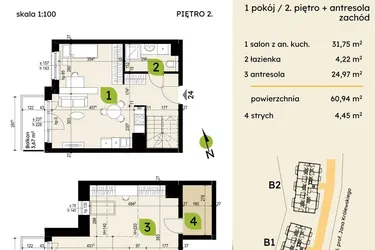 Rzut - Mieszkanie na sprzedaż 4 pokoje o powierzchni 60,94 m² - numer B1-24 w Verte Warszewo