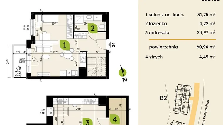 Rzut - Mieszkanie na sprzedaż 4 pokoje o powierzchni 60,94 m² - numer B1-24 w Verte Warszewo
