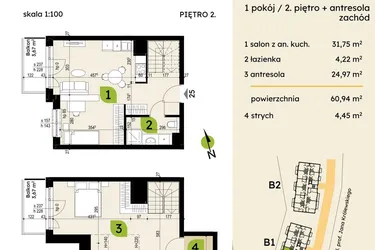 Rzut - Mieszkanie na sprzedaż 4 pokoje o powierzchni 60,94 m² - numer B1-25 w Verte Warszewo