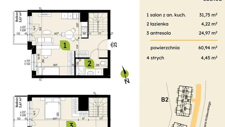 Rzut - Mieszkanie na sprzedaż 4 pokoje o powierzchni 60,94 m² - numer B1-25 w Verte Warszewo