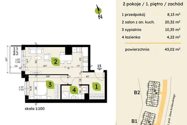 Rzut - Mieszkanie na sprzedaż 2 pokoje o powierzchni 43,02 m² - numer B1-13 w Verte Warszewo