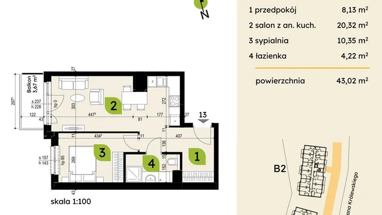 Rzut - Mieszkanie na sprzedaż 2 pokoje o powierzchni 43,02 m² - numer B1-13 w Verte Warszewo