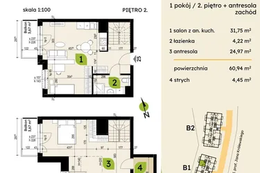 Rzut - Mieszkanie na sprzedaż 4 pokoje o powierzchni 60,94 m² - numer B1-27 w Verte Warszewo