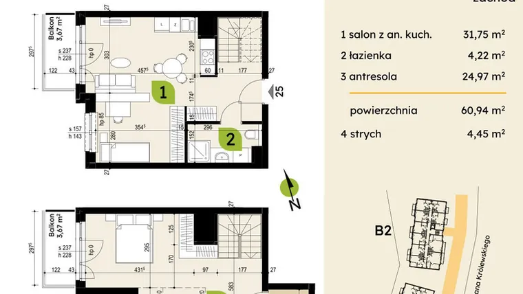 Rzut - Mieszkanie na sprzedaż 4 pokoje o powierzchni 60,94 m² - numer B1-27 w Verte Warszewo