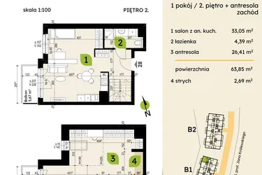 Rzut - Mieszkanie na sprzedaż 4 pokoje o powierzchni 63,85 m² - numer B1-28 w Verte Warszewo
