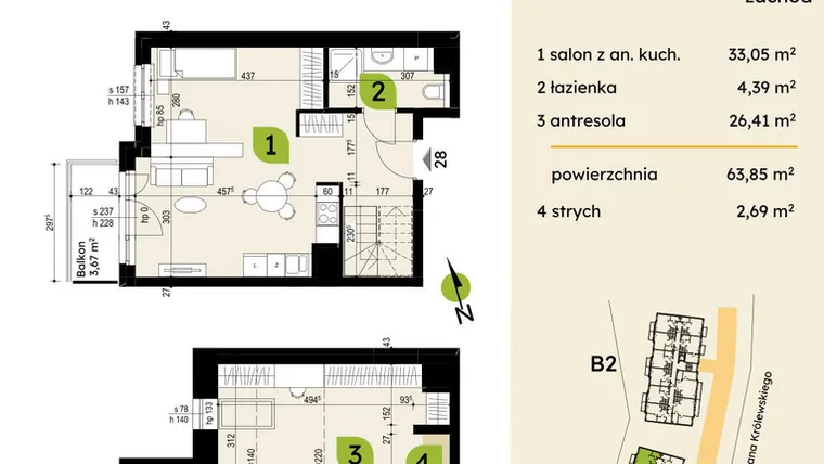 Rzut - Mieszkanie na sprzedaż 4 pokoje o powierzchni 63,85 m² - numer B1-28 w Verte Warszewo