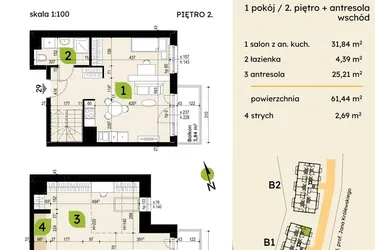 Rzut - Mieszkanie na sprzedaż 4 pokoje o powierzchni 61,44 m² - numer B1-29 w Verte Warszewo