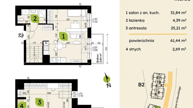 Rzut - Mieszkanie na sprzedaż 4 pokoje o powierzchni 61,44 m² - numer B1-29 w Verte Warszewo