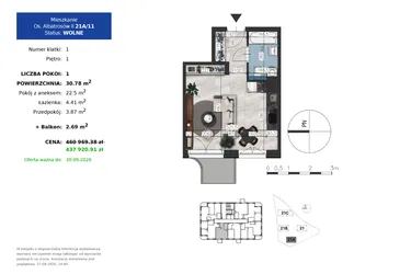 Rzut - Mieszkanie na sprzedaż 1 pokój o powierzchni 30,78 m² - numer 21A.11 w Osiedle Albatrosów II