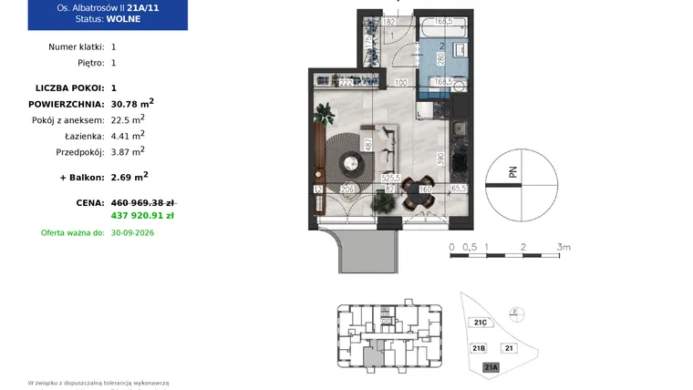 Rzut - Mieszkanie na sprzedaż 1 pokój o powierzchni 30,78 m² - numer 21A.11 w Osiedle Albatrosów II