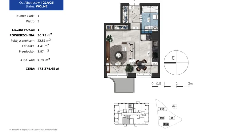 Rzut - Mieszkanie na sprzedaż 1 pokój o powierzchni 30,79 m² - numer 21A.25 w Osiedle Albatrosów II