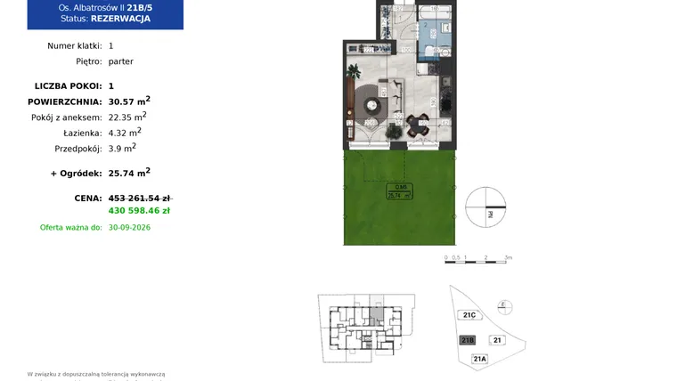 Rzut - Mieszkanie na sprzedaż 1 pokój o powierzchni 30,57 m² - numer 21B.5 w Osiedle Albatrosów II