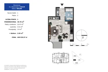 Rzut - Mieszkanie na sprzedaż 1 pokój o powierzchni 30,78 m² - numer 21B.18 w Osiedle Albatrosów II