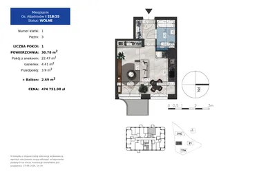 Rzut - Mieszkanie na sprzedaż 1 pokój o powierzchni 30,78 m² - numer 21B.25 w Osiedle Albatrosów II