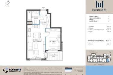 Rzut - Mieszkanie na sprzedaż 2 pokoje o powierzchni 37,54 m² - numer 4 w Montera 53