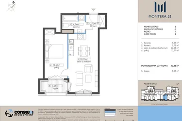 Rzut - Mieszkanie na sprzedaż 2 pokoje o powierzchni 40,85 m² - numer 6 w Montera 53