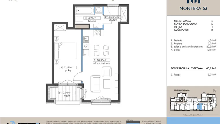 Rzut - Mieszkanie na sprzedaż 2 pokoje o powierzchni 40,85 m² - numer 6 w Montera 53