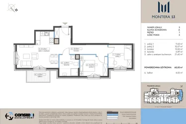 Rzut - Mieszkanie na sprzedaż 3 pokoje o powierzchni 60,83 m² - numer 3 w Montera 53