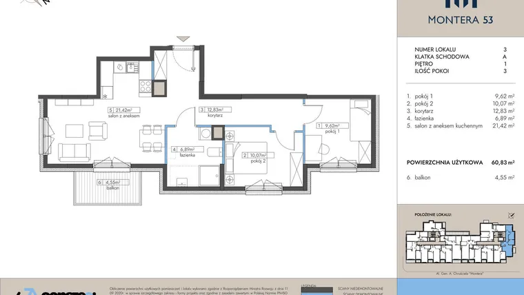 Rzut - Mieszkanie na sprzedaż 3 pokoje o powierzchni 60,83 m² - numer 3 w Montera 53