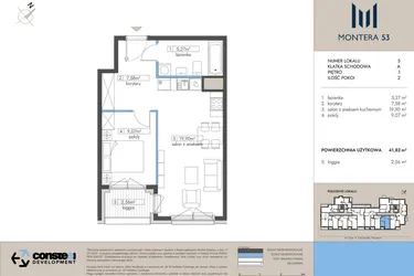 Rzut - Mieszkanie na sprzedaż 2 pokoje o powierzchni 41,82 m² - numer 5 w Montera 53