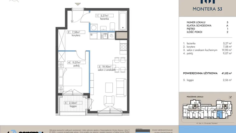 Rzut - Mieszkanie na sprzedaż 2 pokoje o powierzchni 41,82 m² - numer 5 w Montera 53