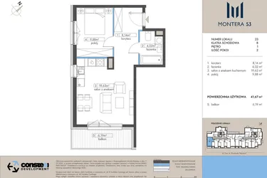Rzut - Mieszkanie na sprzedaż 2 pokoje o powierzchni 41,67 m² - numer 23 w Montera 53