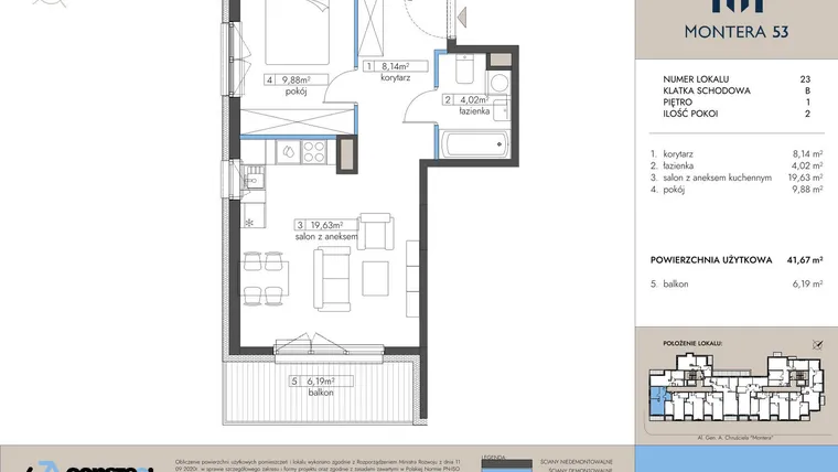 Rzut - Mieszkanie na sprzedaż 2 pokoje o powierzchni 41,67 m² - numer 23 w Montera 53