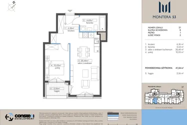 Rzut - Mieszkanie na sprzedaż 2 pokoje o powierzchni 41,54 m² - numer 21 w Montera 53