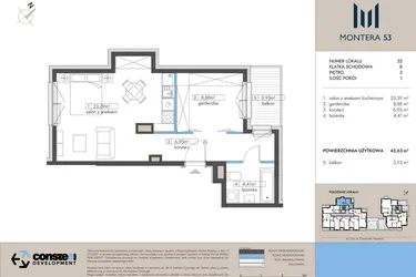 Rzut - Mieszkanie na sprzedaż 2 pokoje o powierzchni 43,63 m² - numer 32 w Montera 53