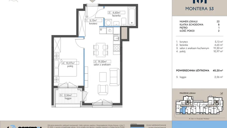 Rzut - Mieszkanie na sprzedaż 2 pokoje o powierzchni 40,25 m² - numer 22 w Montera 53