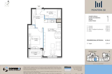 Rzut - Mieszkanie na sprzedaż 2 pokoje o powierzchni 41,34 m² - numer 34 w Montera 53