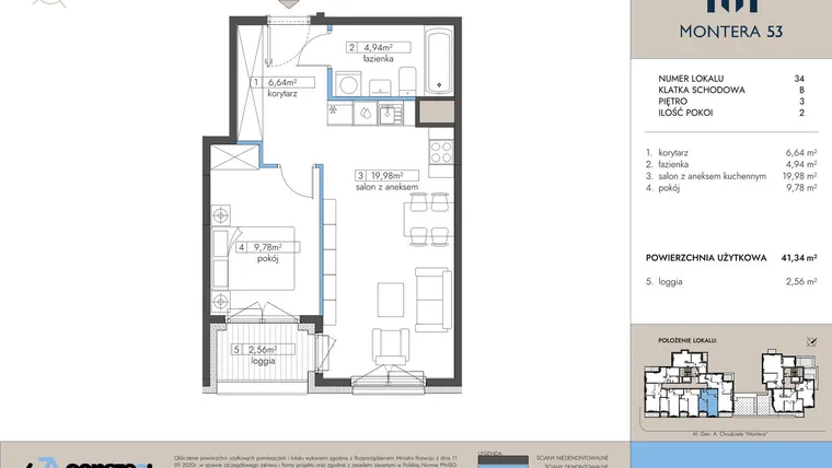Rzut - Mieszkanie na sprzedaż 2 pokoje o powierzchni 41,34 m² - numer 34 w Montera 53