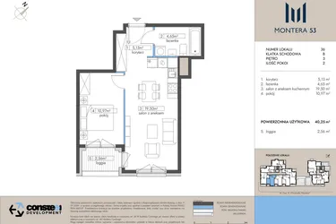 Rzut - Mieszkanie na sprzedaż 2 pokoje o powierzchni 40,25 m² - numer 36 w Montera 53