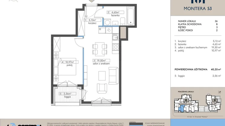 Rzut - Mieszkanie na sprzedaż 2 pokoje o powierzchni 40,25 m² - numer 36 w Montera 53