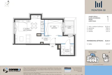 Rzut - Mieszkanie na sprzedaż 2 pokoje o powierzchni 42,24 m² - numer 39 w Montera 53