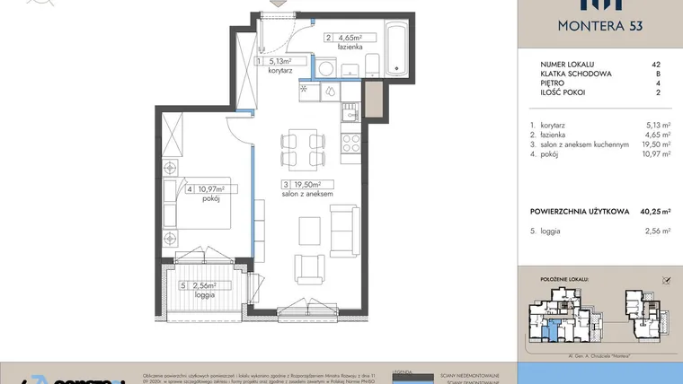 Rzut - Mieszkanie na sprzedaż 2 pokoje o powierzchni 40,25 m² - numer 42 w Montera 53
