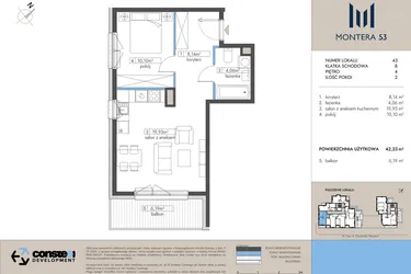 Rzut - Mieszkanie na sprzedaż 2 pokoje o powierzchni 42,23 m² - numer 43 w Montera 53
