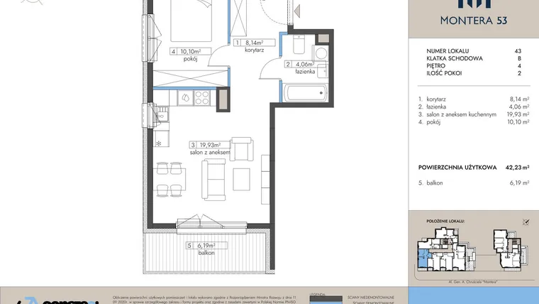 Rzut - Mieszkanie na sprzedaż 2 pokoje o powierzchni 42,23 m² - numer 43 w Montera 53