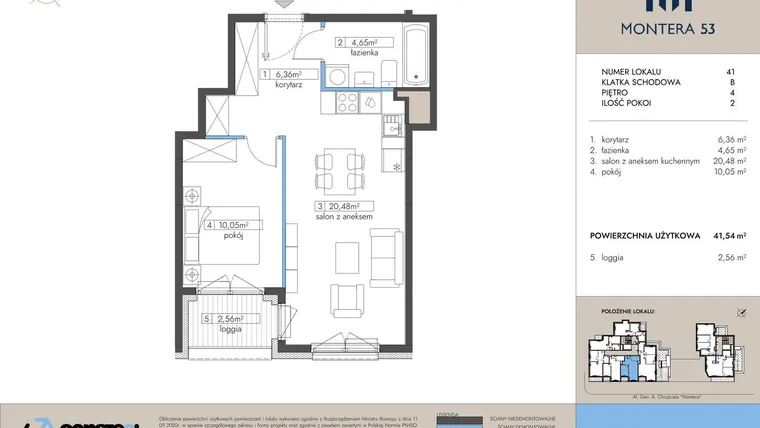 Rzut - Mieszkanie na sprzedaż 2 pokoje o powierzchni 41,54 m² - numer 41 w Montera 53