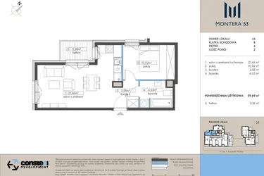 Rzut - Mieszkanie na sprzedaż 2 pokoje o powierzchni 39,69 m² - numer 44 w Montera 53