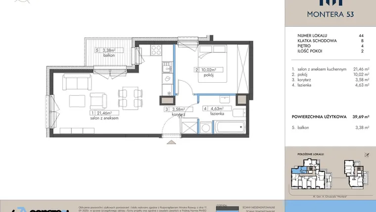 Rzut - Mieszkanie na sprzedaż 2 pokoje o powierzchni 39,69 m² - numer 44 w Montera 53