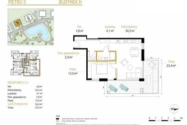 Rzut - Mieszkanie na sprzedaż 2 pokoje o powierzchni 56,2 m² - numer 3.4/H w Panorama Park