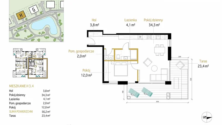 Rzut - Mieszkanie na sprzedaż 2 pokoje o powierzchni 56,2 m² - numer 3.4/H w Panorama Park