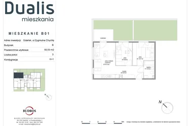 Rzut - Mieszkanie na sprzedaż 3 pokoje o powierzchni 50,53 m² - numer B01 w Dualis II
