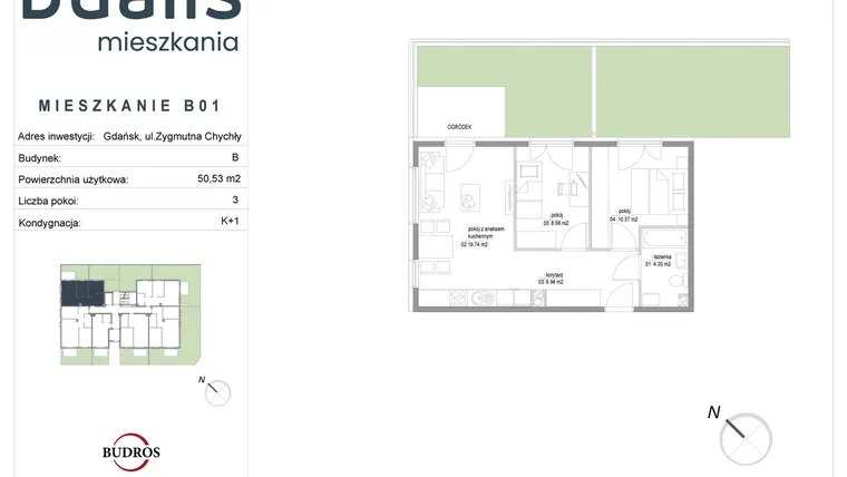Rzut - Mieszkanie na sprzedaż 3 pokoje o powierzchni 50,53 m² - numer B01 w Dualis II