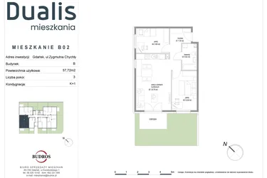 Rzut - Mieszkanie na sprzedaż 3 pokoje o powierzchni 57,72 m² - numer B02 w Dualis II