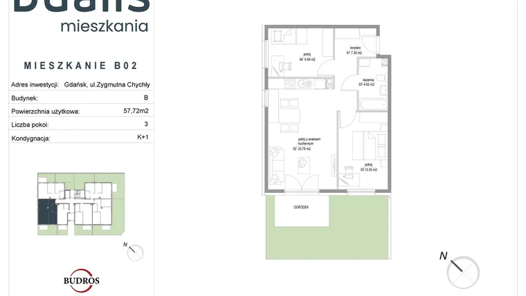 Rzut - Mieszkanie na sprzedaż 3 pokoje o powierzchni 57,72 m² - numer B02 w Dualis II