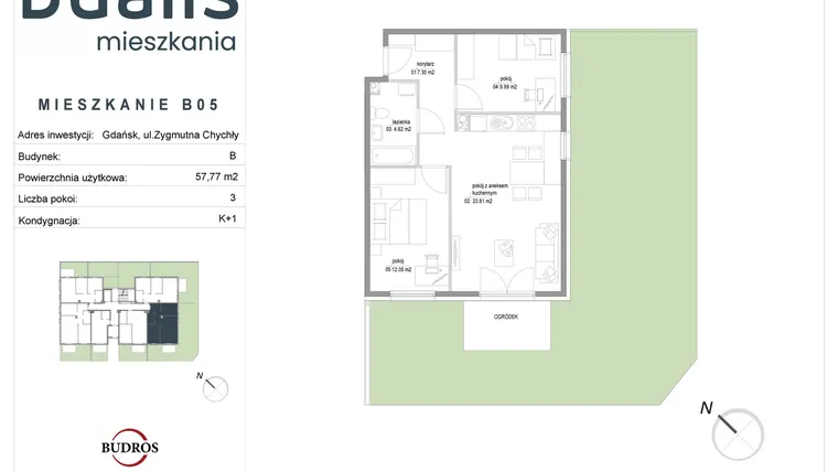 Rzut - Mieszkanie na sprzedaż 3 pokoje o powierzchni 57,77 m² - numer B05 w Dualis II