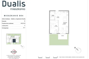 Rzut - Mieszkanie na sprzedaż 2 pokoje o powierzchni 44,24 m² - numer B04 w Dualis II