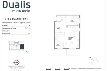 Rzut - Mieszkanie na sprzedaż 3 pokoje o powierzchni 57,77 m² - numer B11 w Dualis II